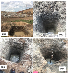 Vertical pitting showing near-surface lithologic sequence beneath Ipata Market dumpsite around the dumpsite, non-degradable waste materials (topsoil), and near-surface leachate.