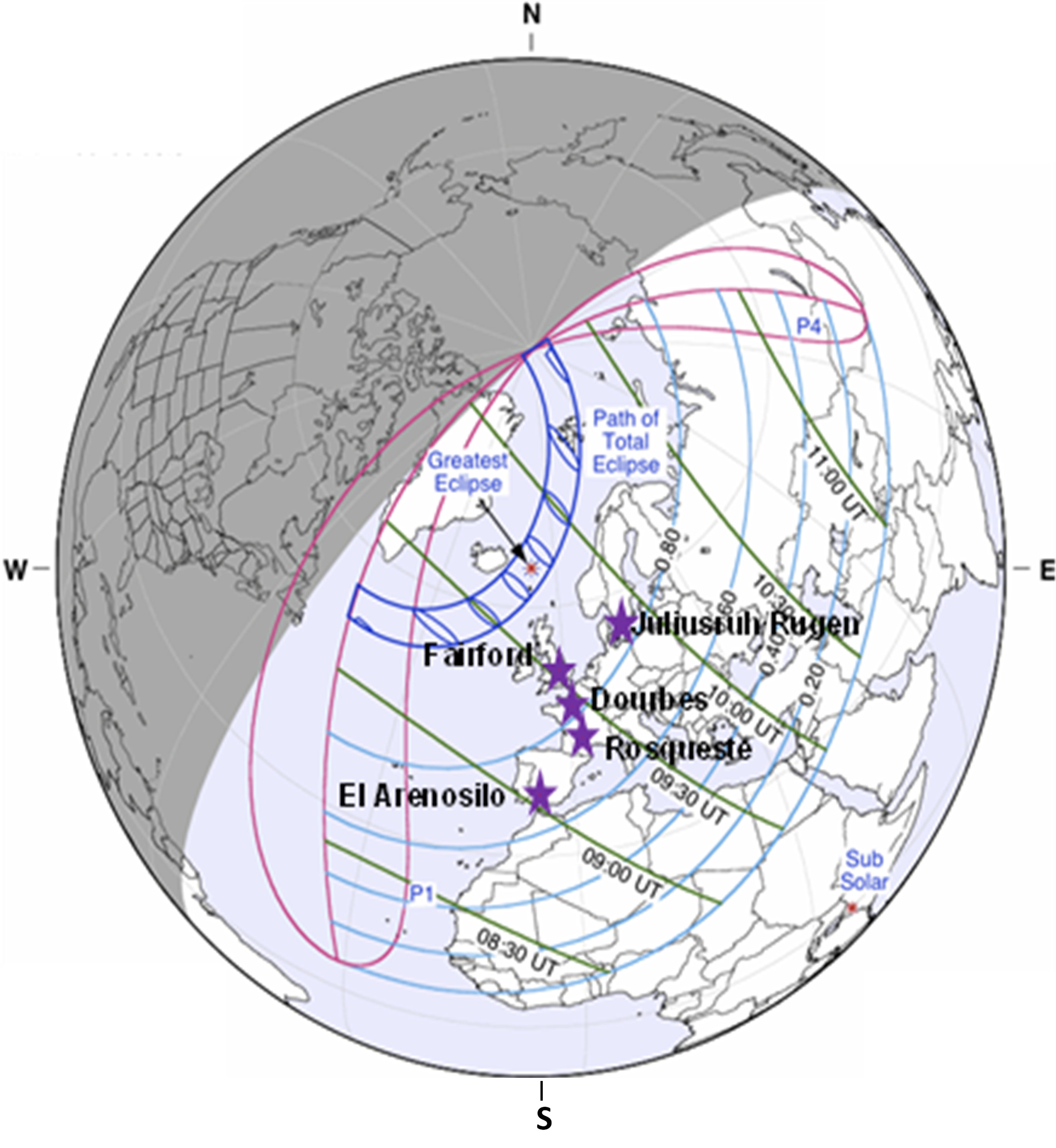 An orthographical map of the region covered, circumstances, and observation stations during the 20 March 2015 total solar eclipse. The faint blue lines indicate the area where the partial solar eclipse is seen and the thick blue lines is of the eclipse’s maximum magnitude. The Circumstances at Greatest Eclipse: 09:45:39.2 UT, Latitude 64?25.9’N; Longitude 06?38.8’W; Width 462.6 km; Sun Altitude 18.5? ; Sun Azimuth 135.0? ; Duration is 02m46.9s. More details of its path can be seen via NASA (Total solar eclipse of 20 March 2015 https://eclipse.gsfc.nasa.gov/).