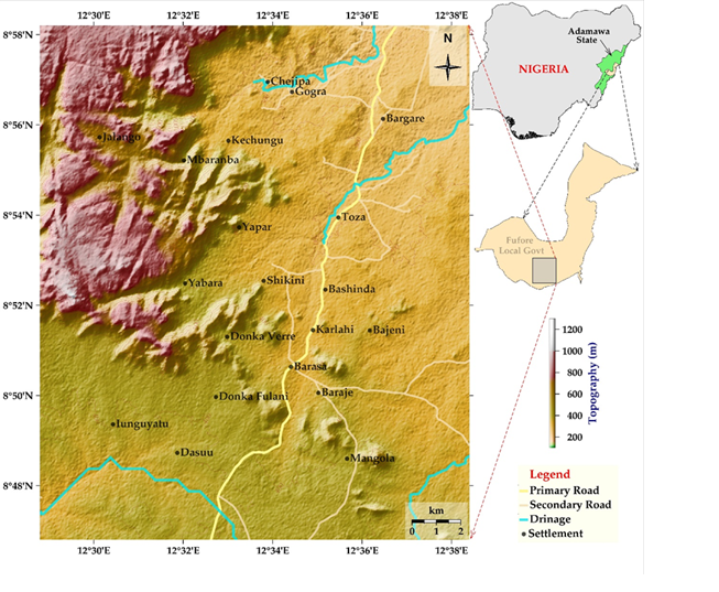 Topographic map of study area in Fufore LGA of Adamawa state